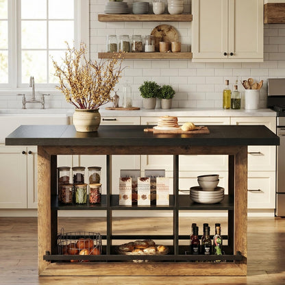 Tribesigns Kitchen Island with Storage, 62.6" Farmhouse Table with 6-Cubby Open Shelves & Metal Foot Rail, Butcher Block Style Counter Height Stationary Unit