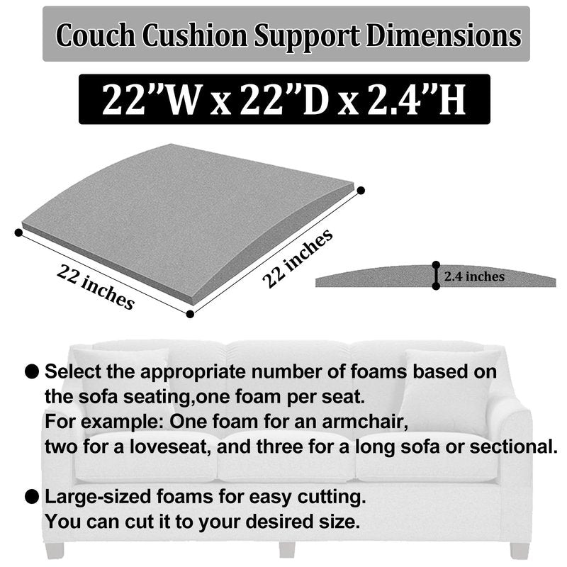 MLMTFI 22" x 22" Couch Cushion Support for Sagging Seat, 3 PCS Large Size Insert Sofa Cushion Support for Better Lift, 45D High-Density Foam Couch Replacement for Furniture Seat Sagging Repair, Grey