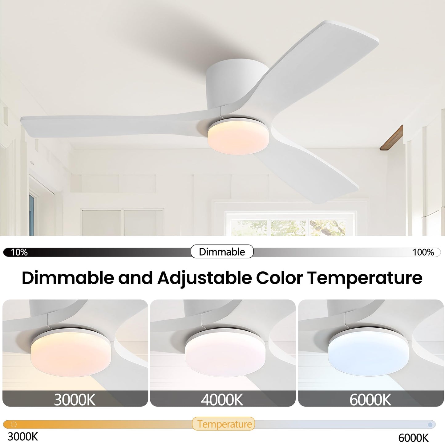 LEDLUX 48" Ceiling Fan with Light - Low Profile Flush Mount Ceiling Fan, Dimmable Light, 6-Speed DC Motor Remote Control, 3 Solid Wood, White, for Bedroom, Living Room, Porch