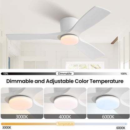 LEDLUX 48" Ceiling Fan with Light - Low Profile Flush Mount Ceiling Fan, Dimmable Light, 6-Speed DC Motor Remote Control, 3 Solid Wood, White, for Bedroom, Living Room, Porch