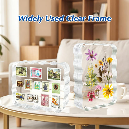 laapee 4x6 Acrylic Picture Frame 3 Pack, 10+10mm Thicker Magnetic Acrylic Frame, Double Sided Display, Anti-fading, Clear Block Scalloped Photo Frames Freestanding for Desktop Display