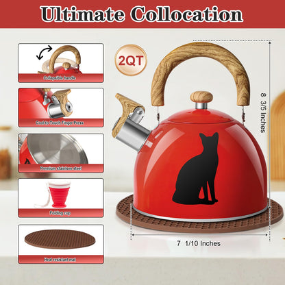 ARC Stainless Steel Red Whistling Tea Kettle, Magic Color Changing Design 2-Quart Stovetop Kettle Whistle Teapot with Folding Cup & Trivet Mat