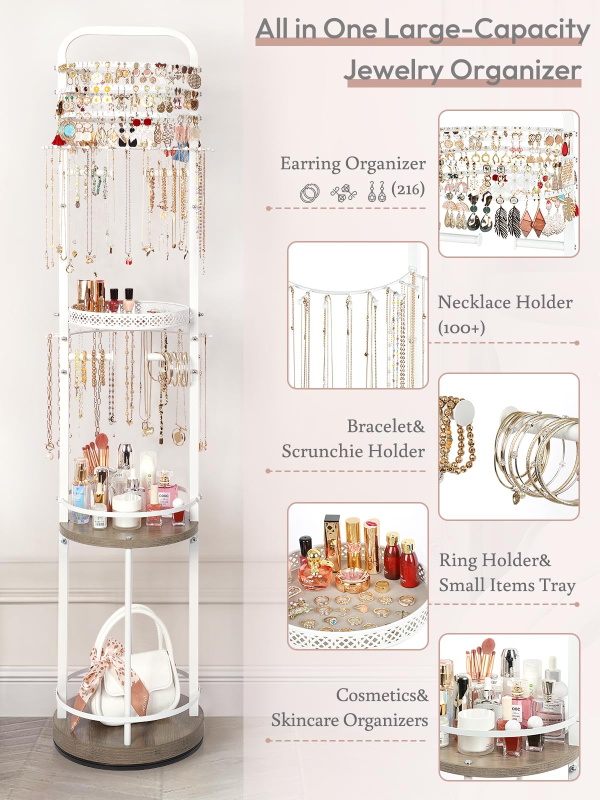 Jewelry Holder Organizer, Floor Jewelry Organizer with Earring Organizer Necklace Holder, Rotating Jewelry Stand Necklace Display Earring Storage, Large Hanging Jewelry Tree for Jewlery Bracelet Ring