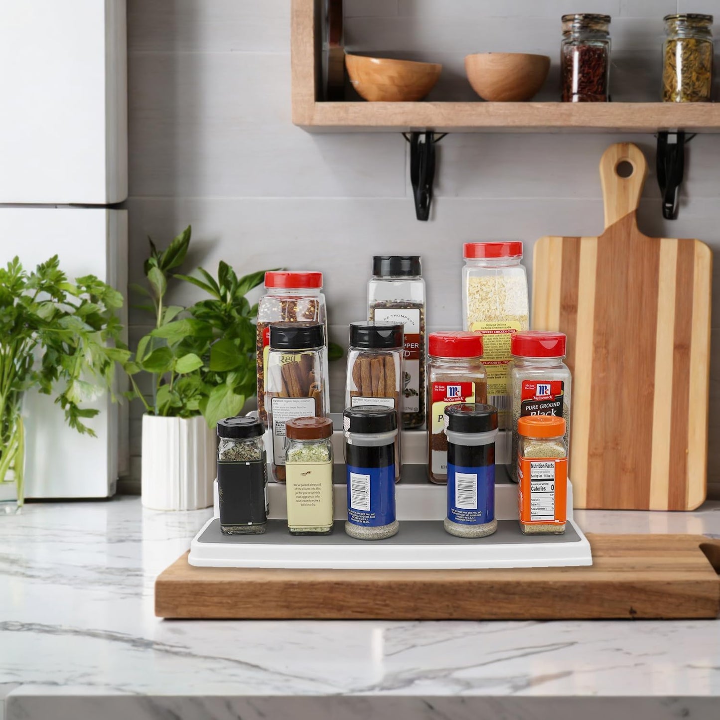 Home Basics 3-Tiered Plastic Expandable Spice Rack - Adjustable Length Kitchen Organizer for Cabinet, Pantry, or