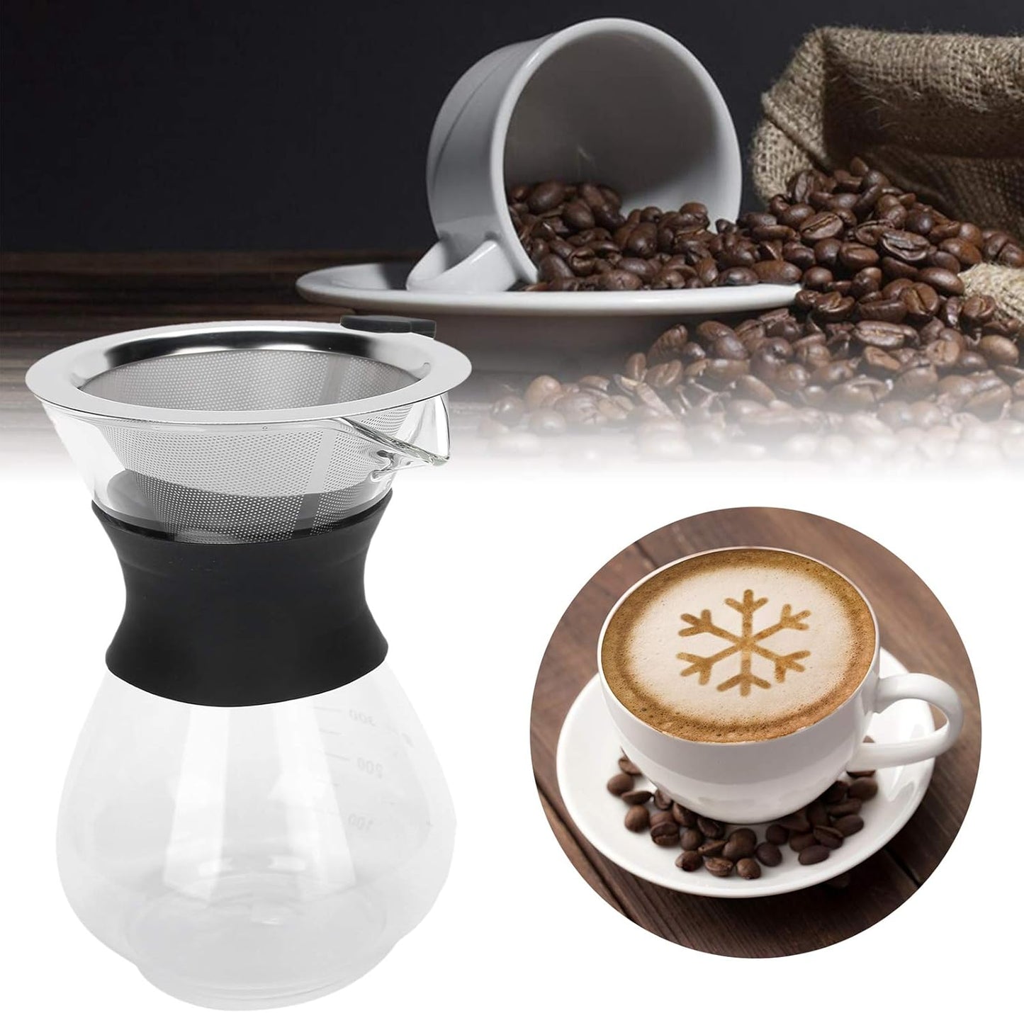 Fdit Reusable Glass Coffee Pot with Stainless Steel Filter, Manual Drip Coffee Maker Set (400ml)
