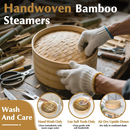 Bamboo Steamer 2 Tier 10-Inch Steaming Basket, Bun Vegetable Steam, Dumpling Steamer Bamboo Steam Basket, Chopsticks, Reusable Silicone Liner, Ring Adapter, for Chinese Asian Cuisine