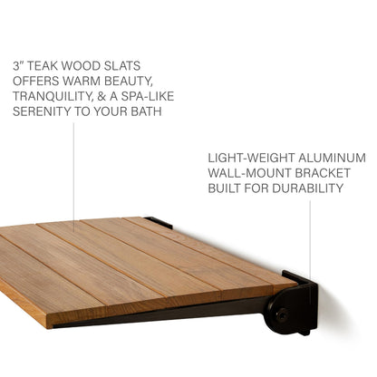 Seachrome 18 inch Silhouette Slimline Folding Wall Mount Shower Bench Seat, Natural Teak Wood with Matte Black Frame