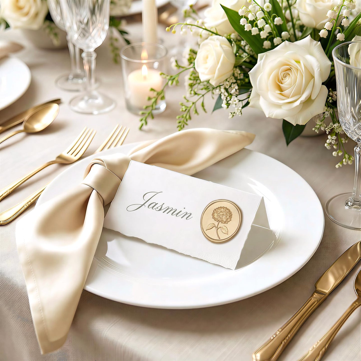 UNIQOOO Wax Seal Stickers - 3D Hydrangea Floral Wedding Invitation Envelope Seal Stickers, 50 Pcs Self- Adhesive Light Gold Stickers, Perfect for Invitation, Christmas, Gift Wrapping