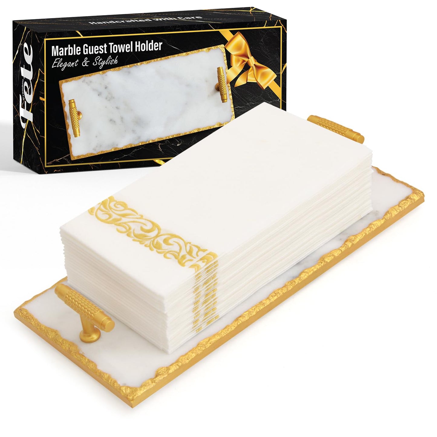 Guest Towel Holder Tray for Bathroom - Premium Marble Tray with Gold Rim - Bathroom Hand Towel Tray, The Perfect Vanity Tray for Bathroom. Ideal Valentines Day Gift.