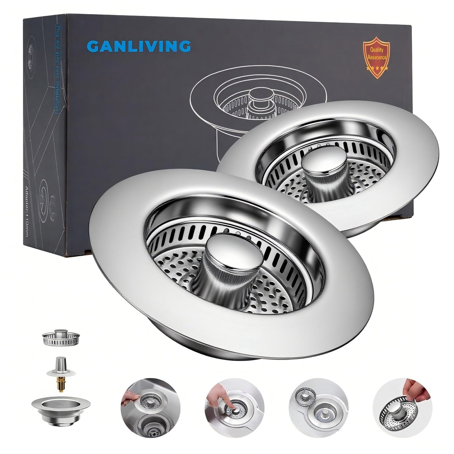 GanLiving 3-in-1 Kitchen Sink Drain Strainer Stopper, 304 Stainless Steel Pop Up Drain Plug, Anti-Clog Odor Prevention Sink Basket, Tool-Free Easy Install, Fits US Standard 3-1/2" Drain Hole,2 Pack