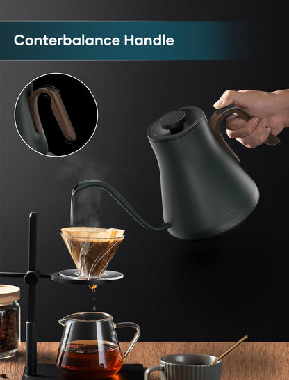INTASTING Gooseneck Electric Kettle with ±1℉ Temperature Control for Pour Over Coffee & Tea, Quick Heating, BPA-Free Stainless Steel, Built-in Brew Timer, 1500W/0.9L (Forest Green)