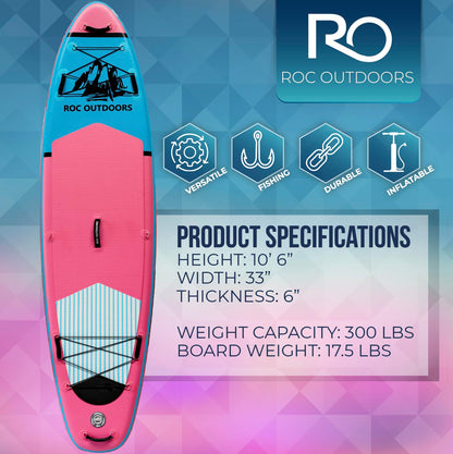 Roc Inflatable Stand Up Paddle Board 10' 6" with Premium SUP Paddle Board Accessories, Wide Stable Design, Non-Slip Comfort Deck for Youth & Adults (Pink)