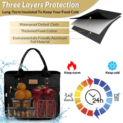 EASYA Large Insulated Lunch Bag for Work, Women's Nylon Thermal Lunch Box, Leakproof Cooler Tote Bag with Storage Pocket (Black)