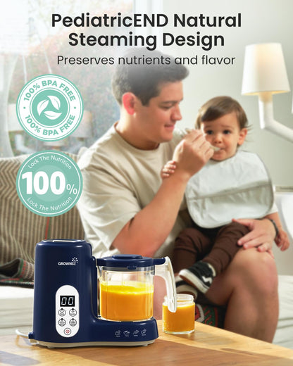 Grownsy Baby Food Maker with Steam Basket, One Step Baby Food Processor Steamer Puree Blender Grinder Mills Machine, Auto Cooking Grinding and Sterili-zing for Healthy Homemade Baby Food, Dark Blue