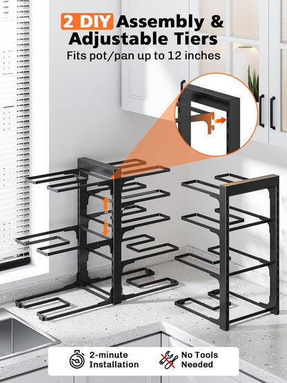 MUDEELA 8-Tier Pots and Pans Organizer under Cabinet, 15.83" Height Heavy Duty Pot and Pan Organizer Kitchen Cabinet Organization and Storage, Adjustable Pot Rack for Frying Pan, Cast Iron Skillet