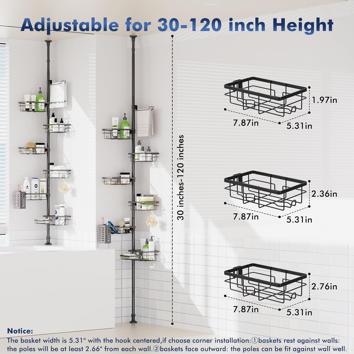 Shower Caddy Organizer - Rustproof Tension Pole with Adjustable 30-120 Inch Rack | 6-Pack Corner Shelf, Towel Bar & Soap Dish in Black