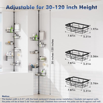 Shower Caddy Organizer - Rustproof Tension Pole with Adjustable 30-120 Inch Rack | 6-Pack Corner Shelf, Towel Bar & Soap Dish in Black