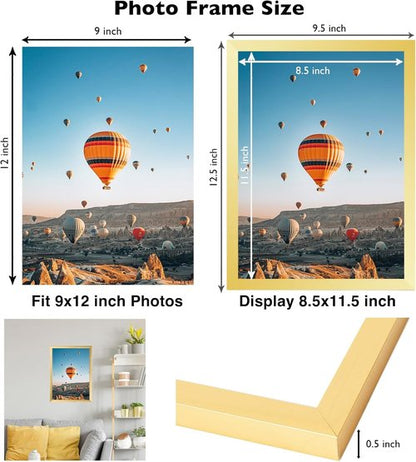 JCJMY 9x12 Picture Frame - Gold Wall Hanging Frame with Shatter-Resistant Plexiglass | Horizontal & Vertical Display