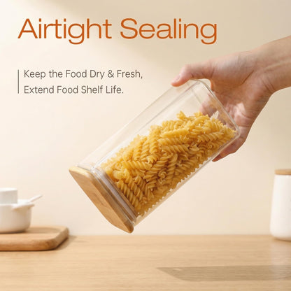 57oz - 3 Pack Square Glass Jars with Bamboo Lids, Glass Food Storage Containers with Airtight Lids for Kitchen, Air Tight Pantry Storage Containers for Cereal, Pasta, Rice, Sugar, Coffee, Spice