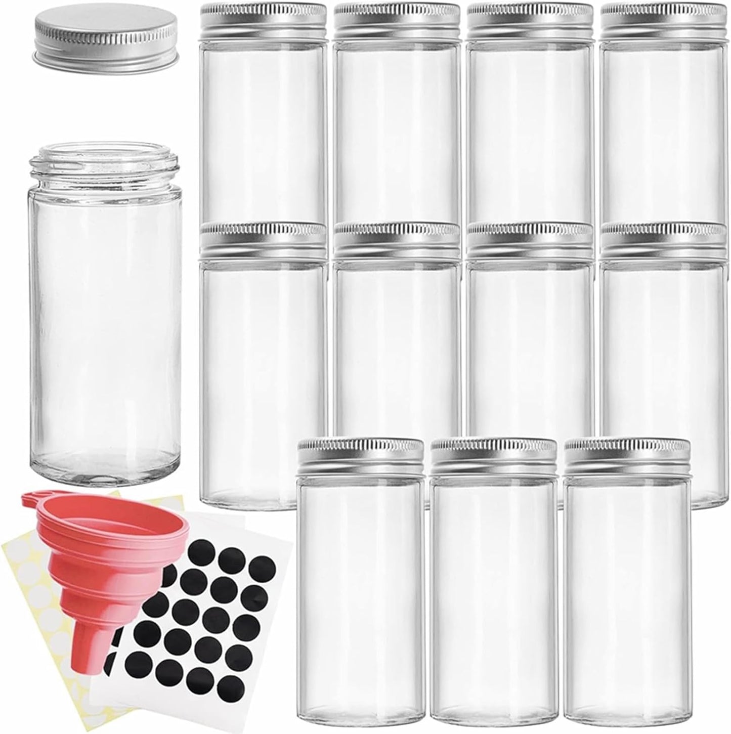12 Pack 3oz Tebery Round Spice Bottles Glass Spice Jars with Silver Metal Lids, Shaker Tops, Wide Funnel and Labels