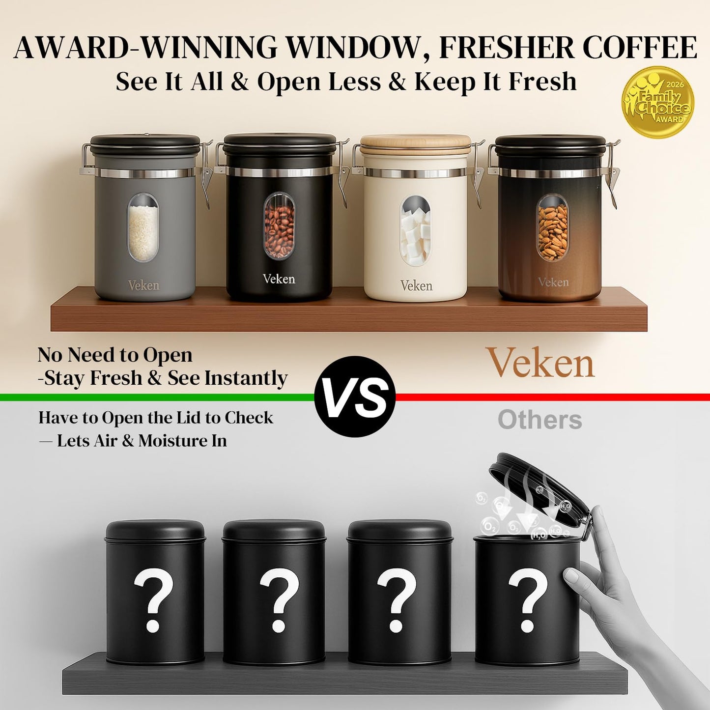 Veken Coffee Sugar Canister with Window, Mothers Day Gifts For Women,Airtight Stainless Steel Kitchen Food Storage Container, Date Tracker & Scoop for Grounds Coffee, Beans,Tea,Flour,Cereal,22OZ,Cream