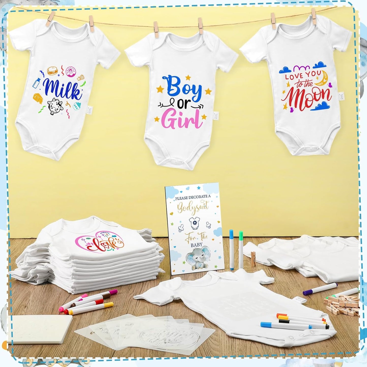 126 Set 25 25 24 1 50 Panitay Pcs Baby Shower DIY Bodysuit Bib Blank White Newborn Bodysuit Stencils Marker Sign
