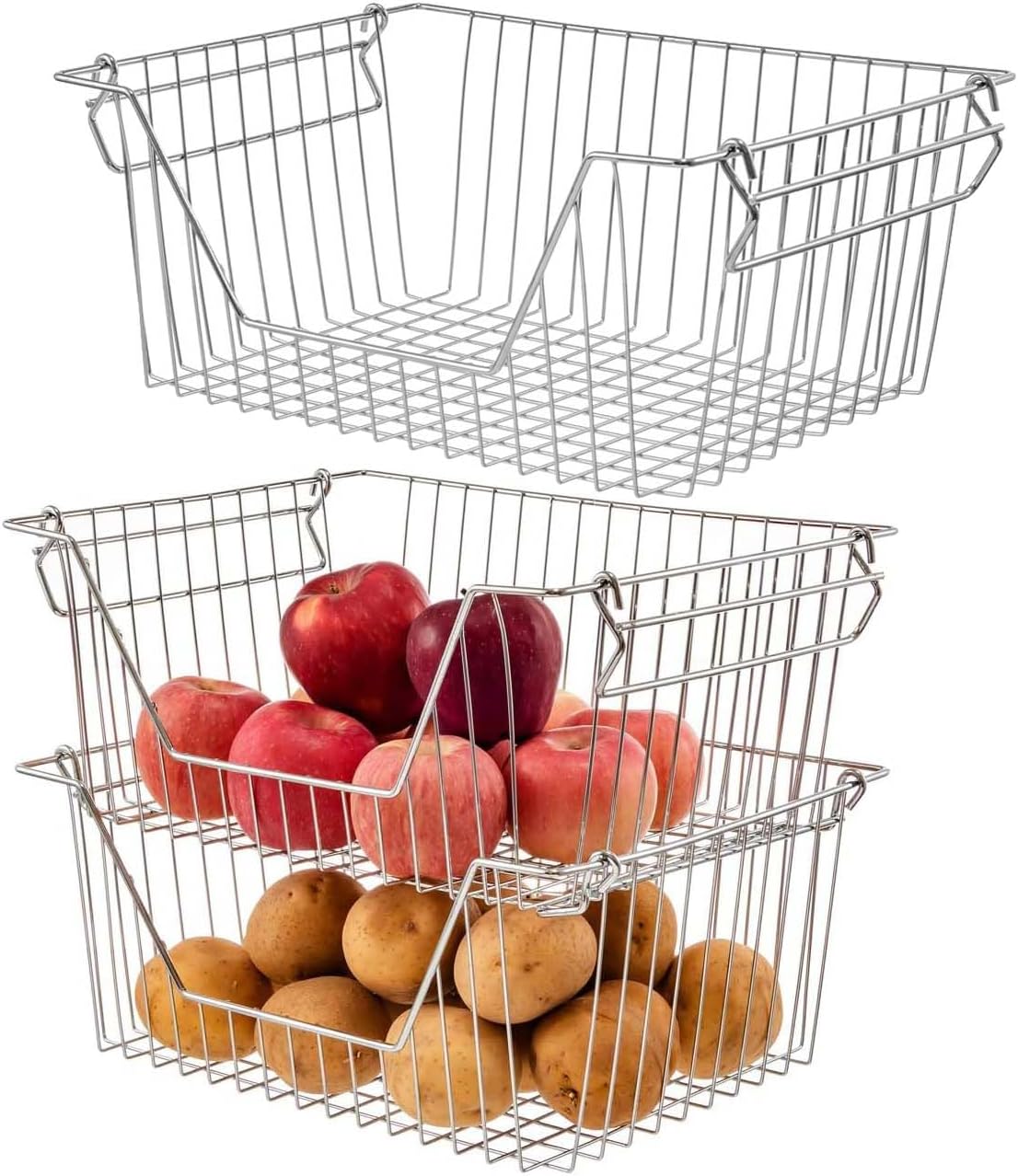 Stackable Wire Metal Baskets, Sturdy Cabinet Organizer for Home, Bathroom, Kitchen, Chrome, 3 Packs