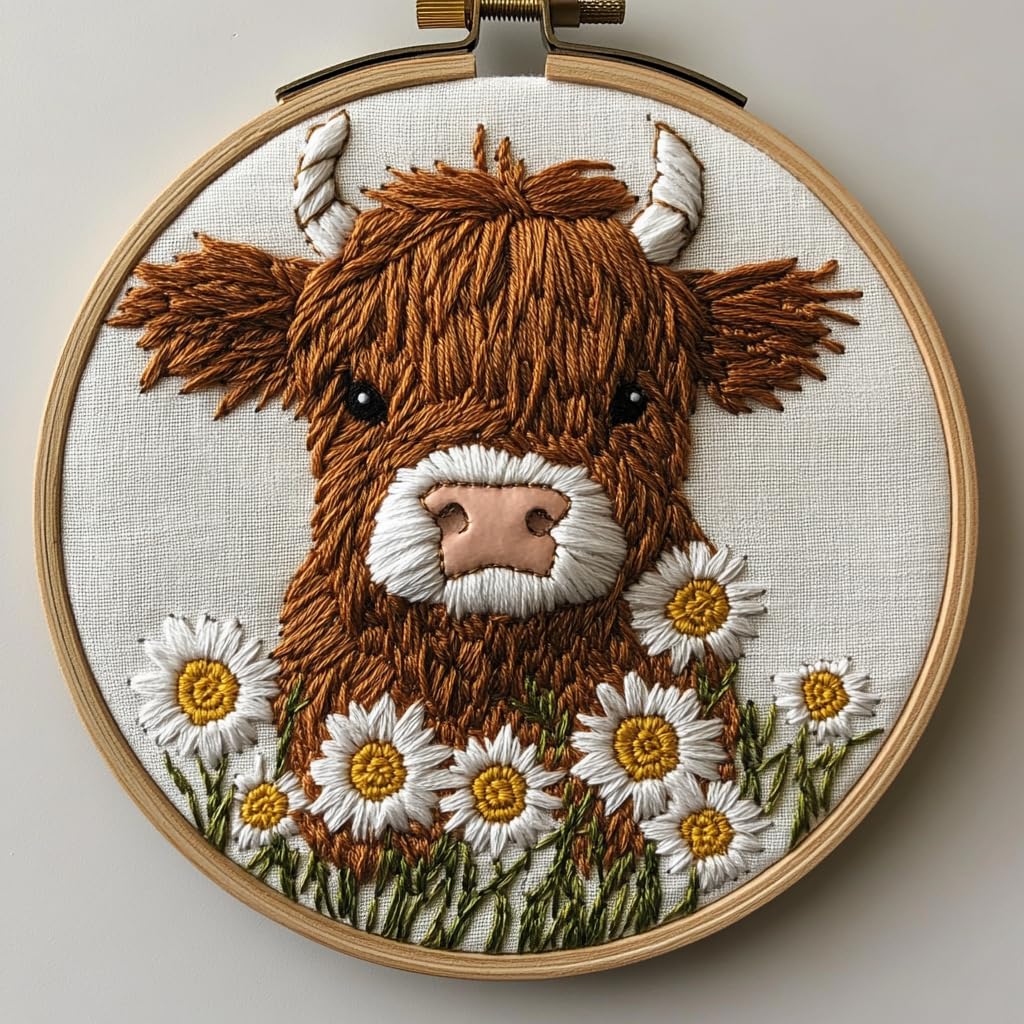 DIY Punch Needle Kits for Beginners Cute Highland Cow and Daisy Flowers with Hoop Embroidery Punch Needle Starter Set Easy for Adults Festival Gift and Decor 20x20cm-7
