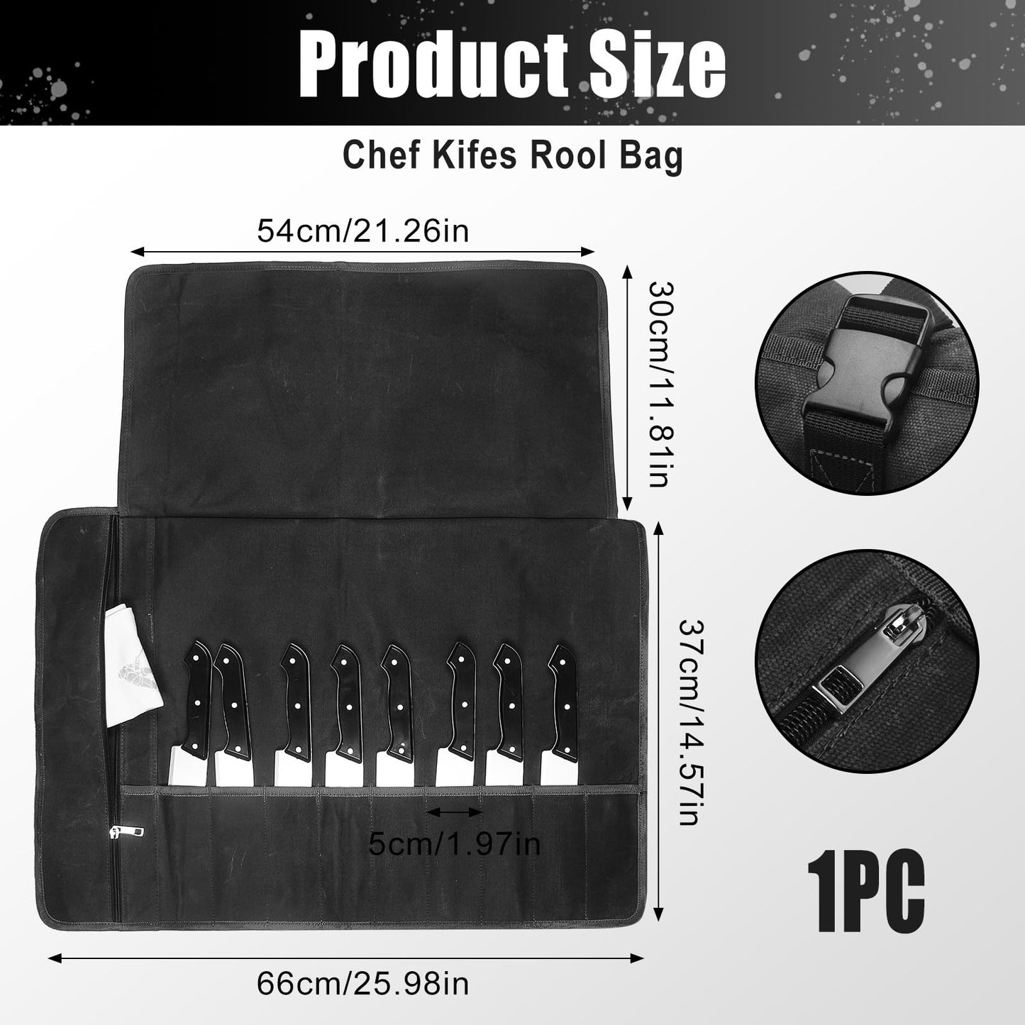 Chef Knife Roll Bag,Waxed Canvas Knife Travel Case,Heavy Duty Professional Knife Carrier Storage Holder with 10 Slots,Portable Kitchen Culinary Tool Organizer for Men,Fits up to 18.8”Knives.Black