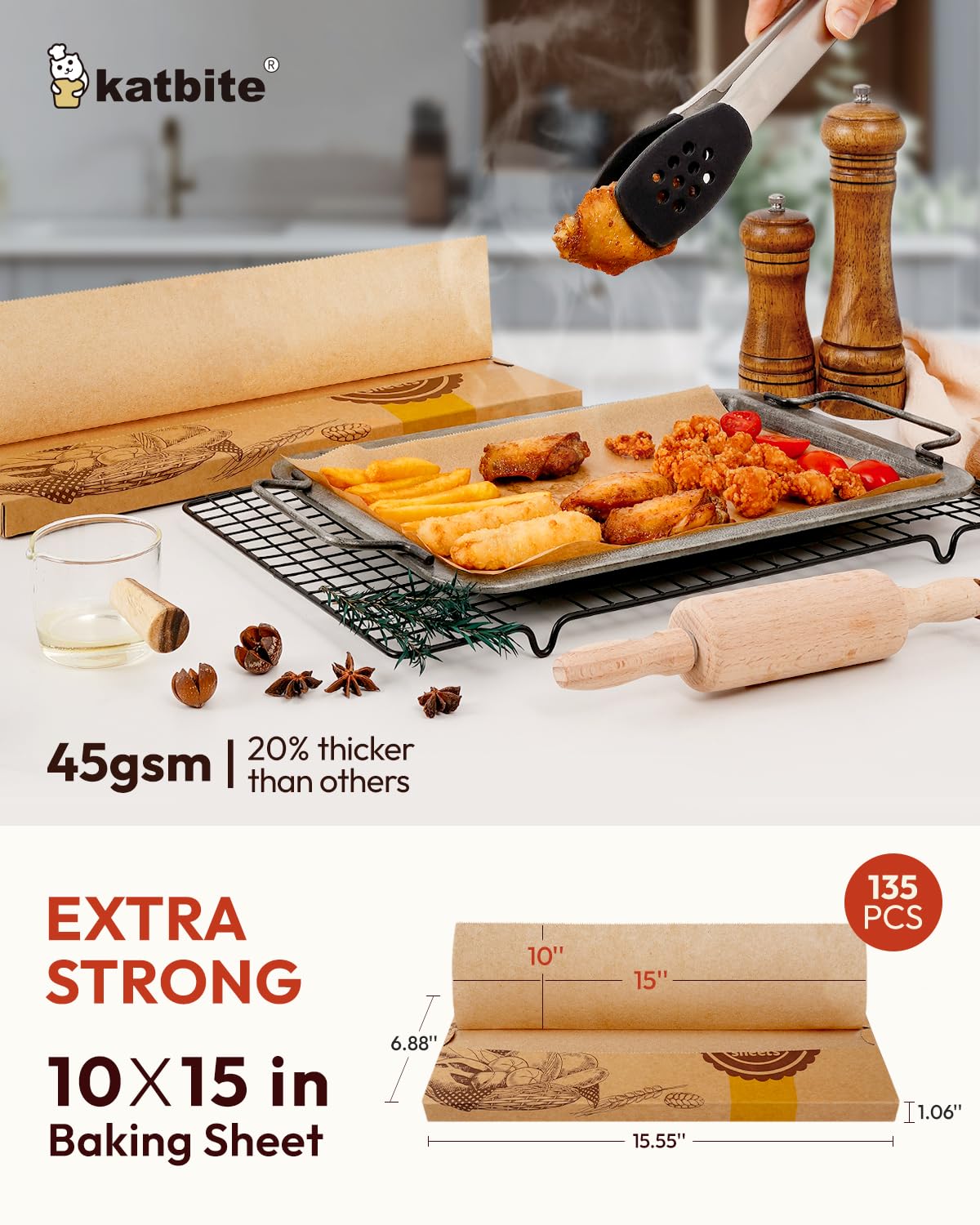 katbite 135Pcs 45 gsm Pop-Up Parchment Paper Sheets, Heavy Duty & Non-stick,10x15 In Pre-cut Unbleached Parchment Paper for Baking, Pop-Up Paper Dispenser for Cooking Wrapping Space-saving