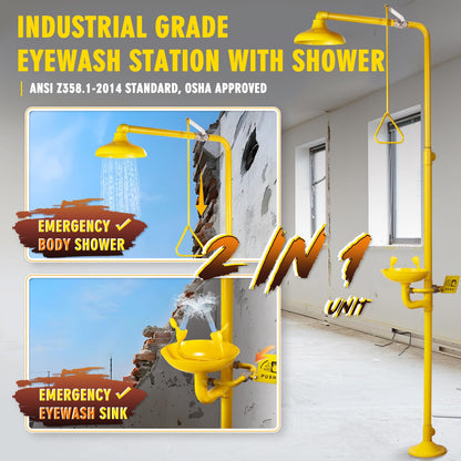 CGOLDENWALL Emergency Shower Eye Wash Station Safty Shower Combination Eye Wash Station with Shower, NPT Thread, with Emergency Sign, 304 Stainless Steel+Yellow Coating