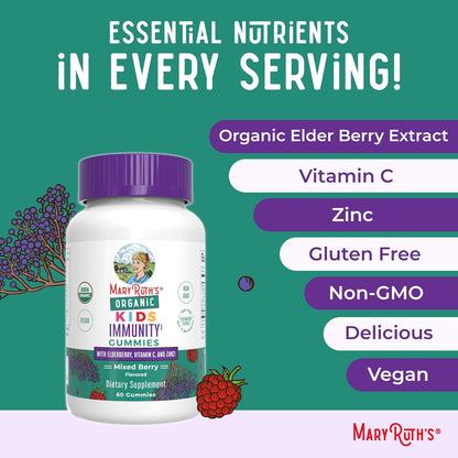 MaryRuth Organics Kids Immune Support Gummies - USDA Organic Vitamin C, Zinc & Elderberry | Vegan, Non-GMO, Gluten Free | 60 Count