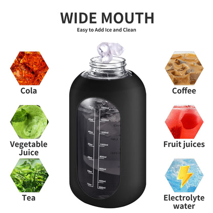 CIVAGO 64 oz Glass Water Bottle Jug with Straw and Handle, Half Gallon Sports Motivational Water Bottle with Time Marker, Wide Mouth Flask Canteen with Silicone Sleeve for Gym, Black
