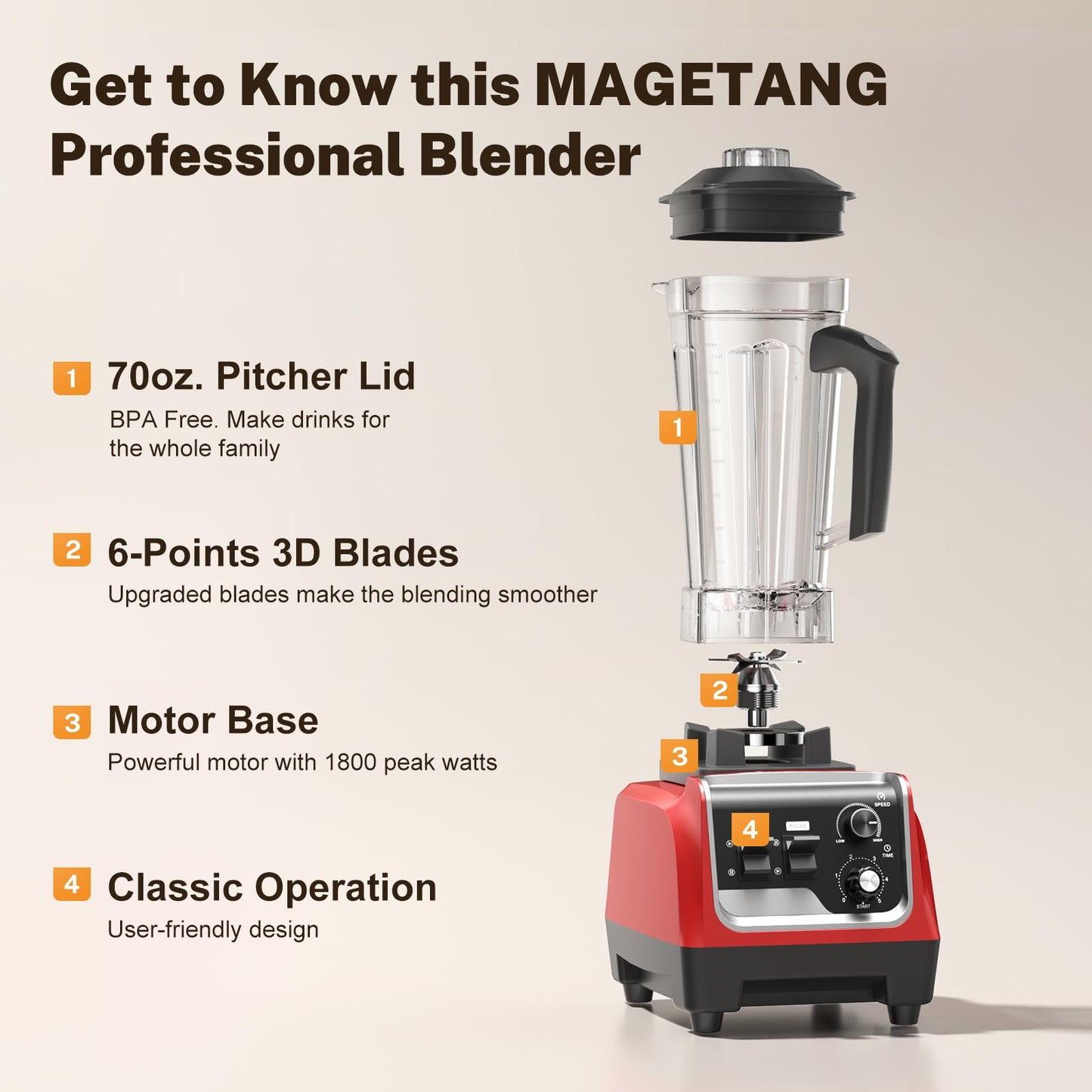 1800W Blender for Smoothies, Countertop Blenders for Kitchen with 70 Oz BPA-Free Pitcher and 20 oz To-Go Cup, 28000 RPM High-Speed Motor Blender for Ice Crushing, Frozen Drinks, Milkshakes (Deep Red)