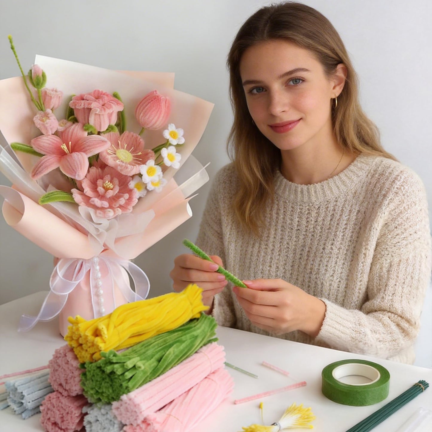 500PCS Pipe Cleaner Flower Kit,Bulk Pipe Cleaners Craft,Chenille Stems with Wrapping Paper for Mother's Day Graduation Birthday Wedding