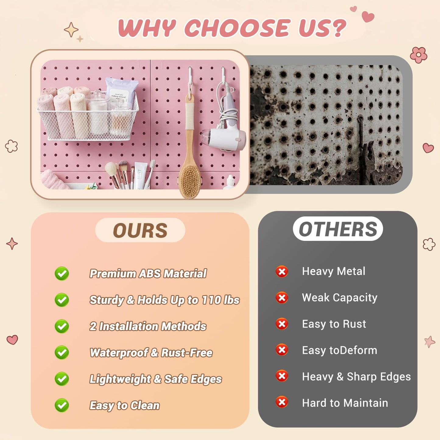 Pegboard Wall Organizer, 4 x11” x 11” ABS Peg Board Wall Organizer with Hooks, Shelves & Baskets, Drill or Adhesive Mount, 110 lbs Heavy Duty Wall Storage for Kitchen, Garage, Bathroom, Office (Pink)