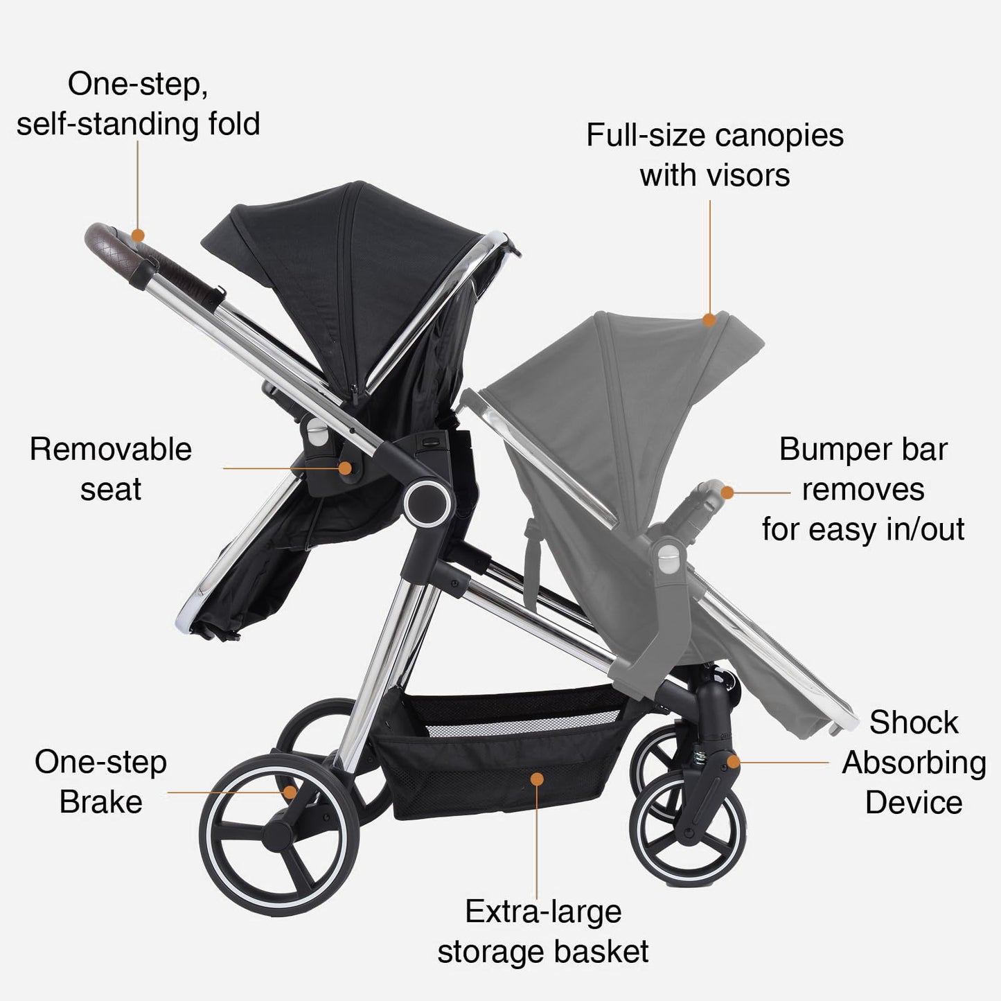 Double Stroller for Twins Infants and Toddlers, Foldable Tandem, Convertible Twin to Single Stroller, Compact Light Weight, Ages 0-3 Years