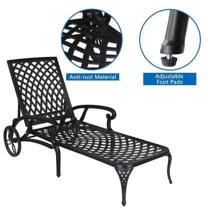 VINGLI Cast Aluminum Outdoor Chaise Lounge Chair with Wheels, Patio Chaise Lounges with 3-Position Adjustable Backrest, Pool Lounge Chair Reclining Chairs for Poolside Tanning (1, Black)