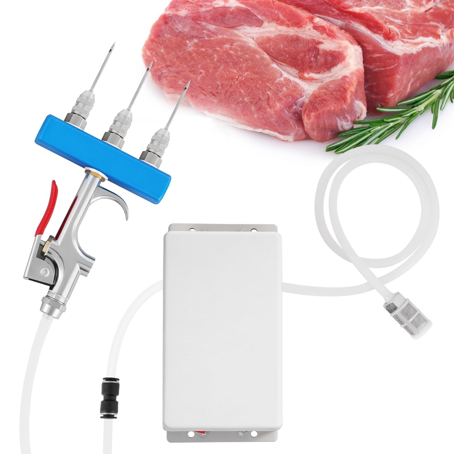 Electric Meat Injector Gun Pump with Hose, Stainless Steel Electric Marinade Injector 50W Meat Syringe Single Gun with 10 Needles for Roast Turkey, Pork, Beef (Three Needle)