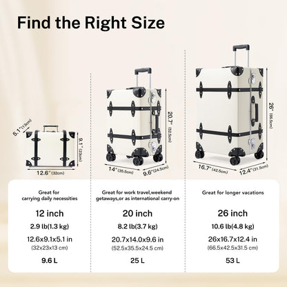 universal trotter Vintage PU Leather Luggage Set, Retro Trunk Suitcase with Wide Aluminum Frame, TSA Key Locks and Smooth 360° Spinner Wheels (Ivory Signature,26"+12")