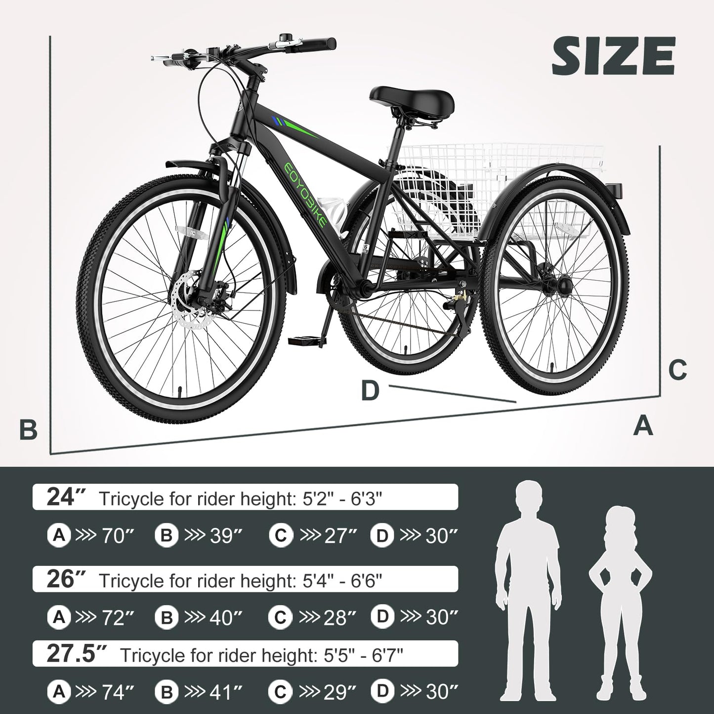 H&ZT Adult Tricycle, 3 Wheeled Bike, Trike Cruiser Bike, with 7-Speed Gear, Parking Brake Handle, Low Step, Large Rear Basket, Elderly Friendly, for Men, Women, and Teens