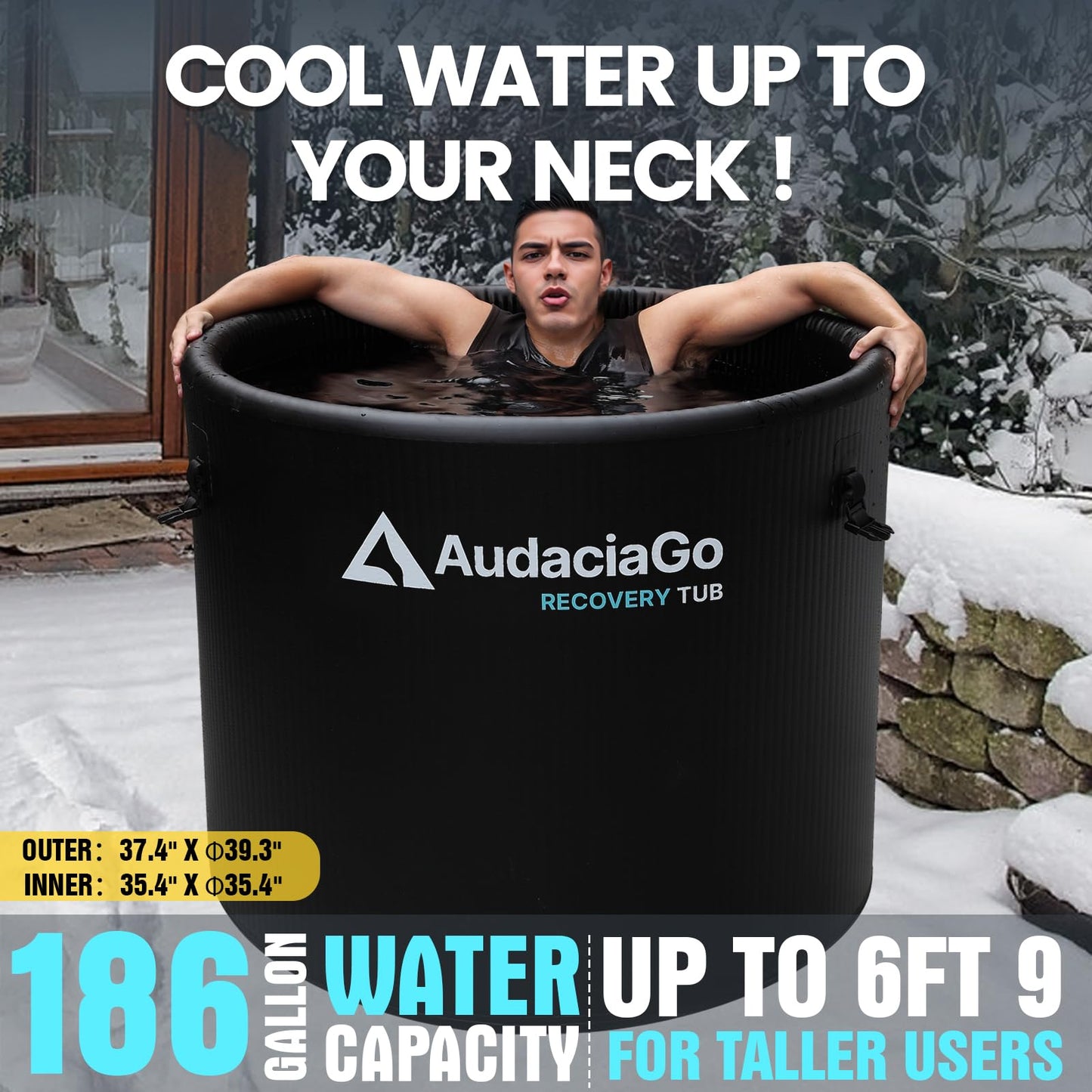 XXL Ice Bath Tub for Athletes, Compatible with Water Chillers, 186-Gallon Inflatable Cold Plunge Tub with Insulated Lid, Step, Thermometer, Water-Absorbent Mat, Portable for Outdoor & Indoor Recovery
