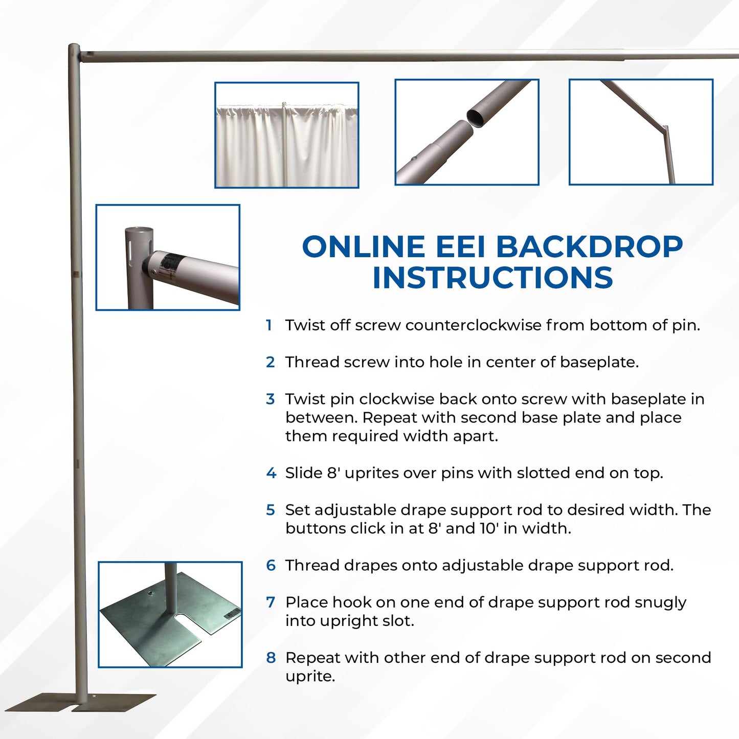 OnlineEEI Pipe & Drapes Portable Stand Kit, 8FT x 20FT Photo Backdrop Set with Portable Stand, Photography Background for Weddings, Birthday Parties, Business Events (Royal)