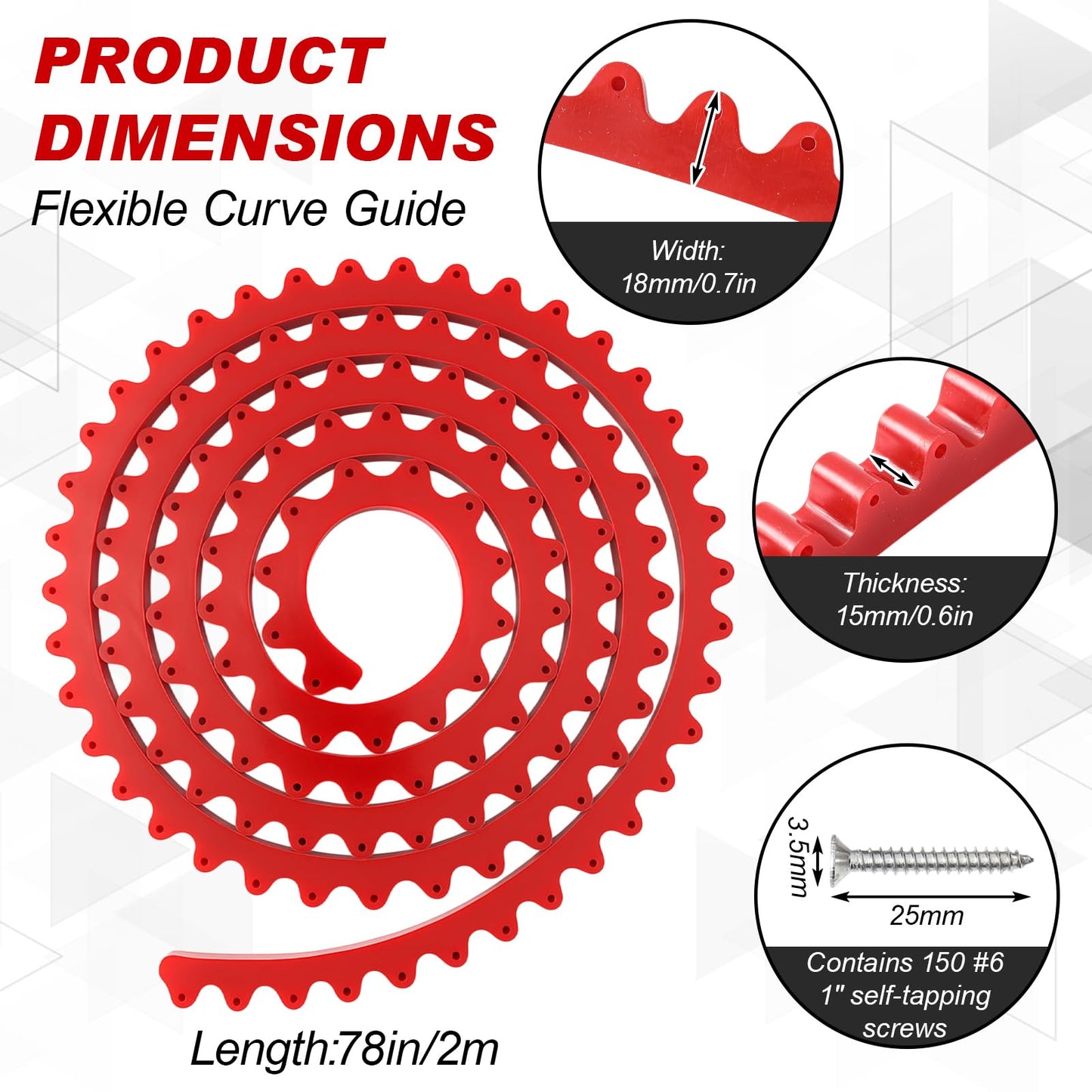 Frienda 78" Router Edge Guide Templates Kit Flexible Curve Ruler for Woodworking with 150 Self-tapping Screws Adjustable Arcs Red Tool for Router Precision Trimming Arc Angle Positioning Cabinet Table