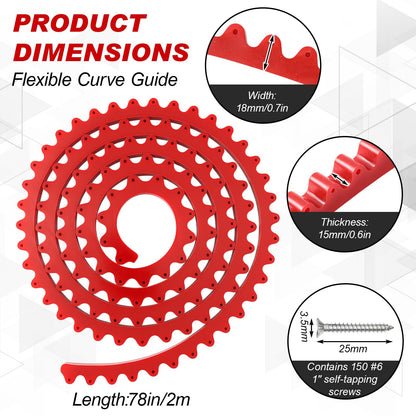 Frienda 78" Router Edge Guide Templates Kit Flexible Curve Ruler for Woodworking with 150 Self-tapping Screws Adjustable Arcs Red Tool for Router Precision Trimming Arc Angle Positioning Cabinet Table