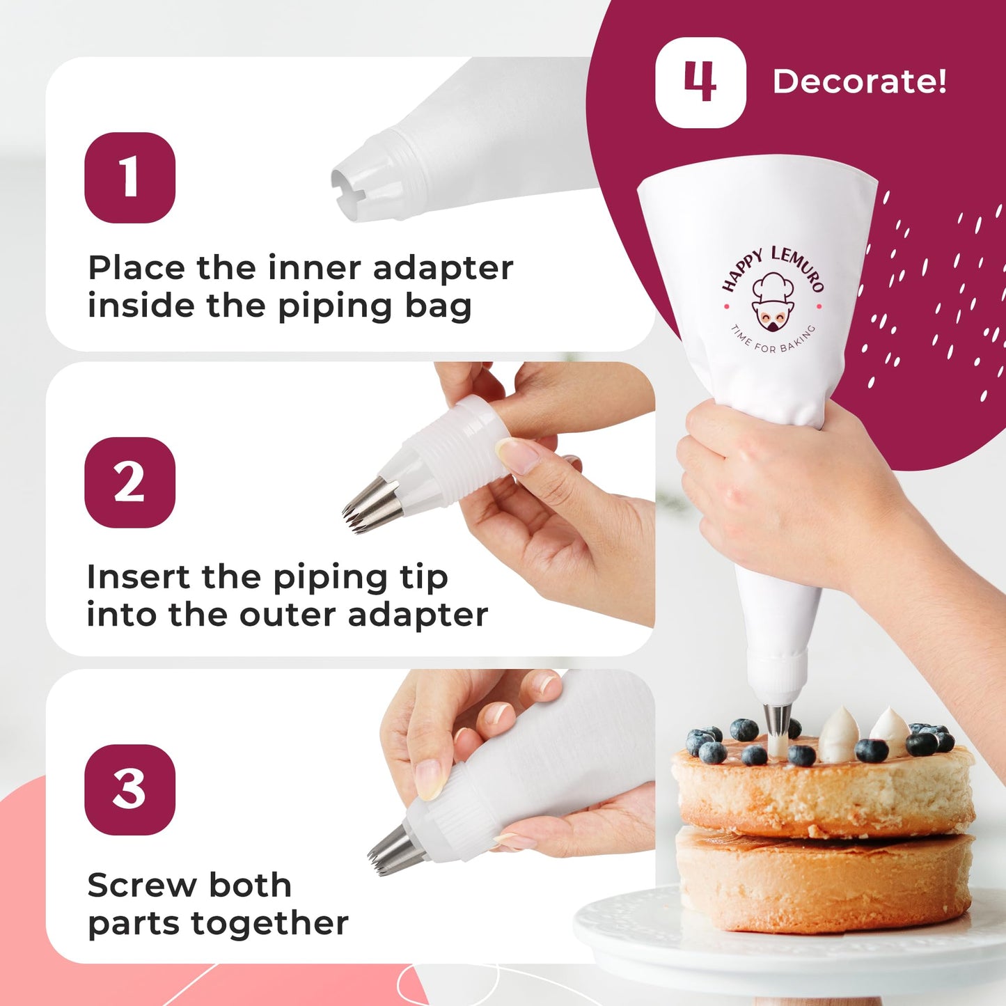 Happy Lemuro Premium Reusable Piping Bags and Tips Set - Cotton Pastry Bag 16" with 8 Large Icing Tips for Cake Decorating - Large Piping Tips Set - Dishwasher Safe
