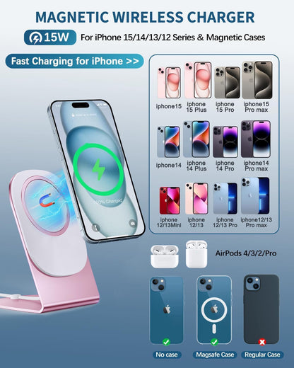 Magnetic Wireless Charger Mag-Safe Charger for iPhone 17/16/15/14/13/12 Series Convertible Magnet Wireless Charging Stand/Pad with 5ft Cable for iPhone and AirPods 2/3/Pro 2/Pro