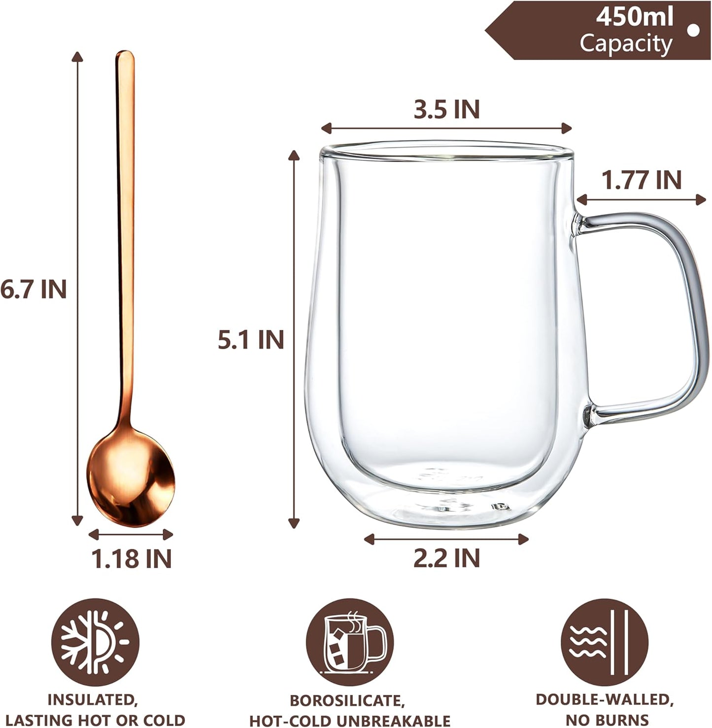 16 OZ, Set 2 Double Walled Glass Coffee Mugs Borosilicate Glass Coffee Cups of with Spoons, Insulated Clear Coffee Mug