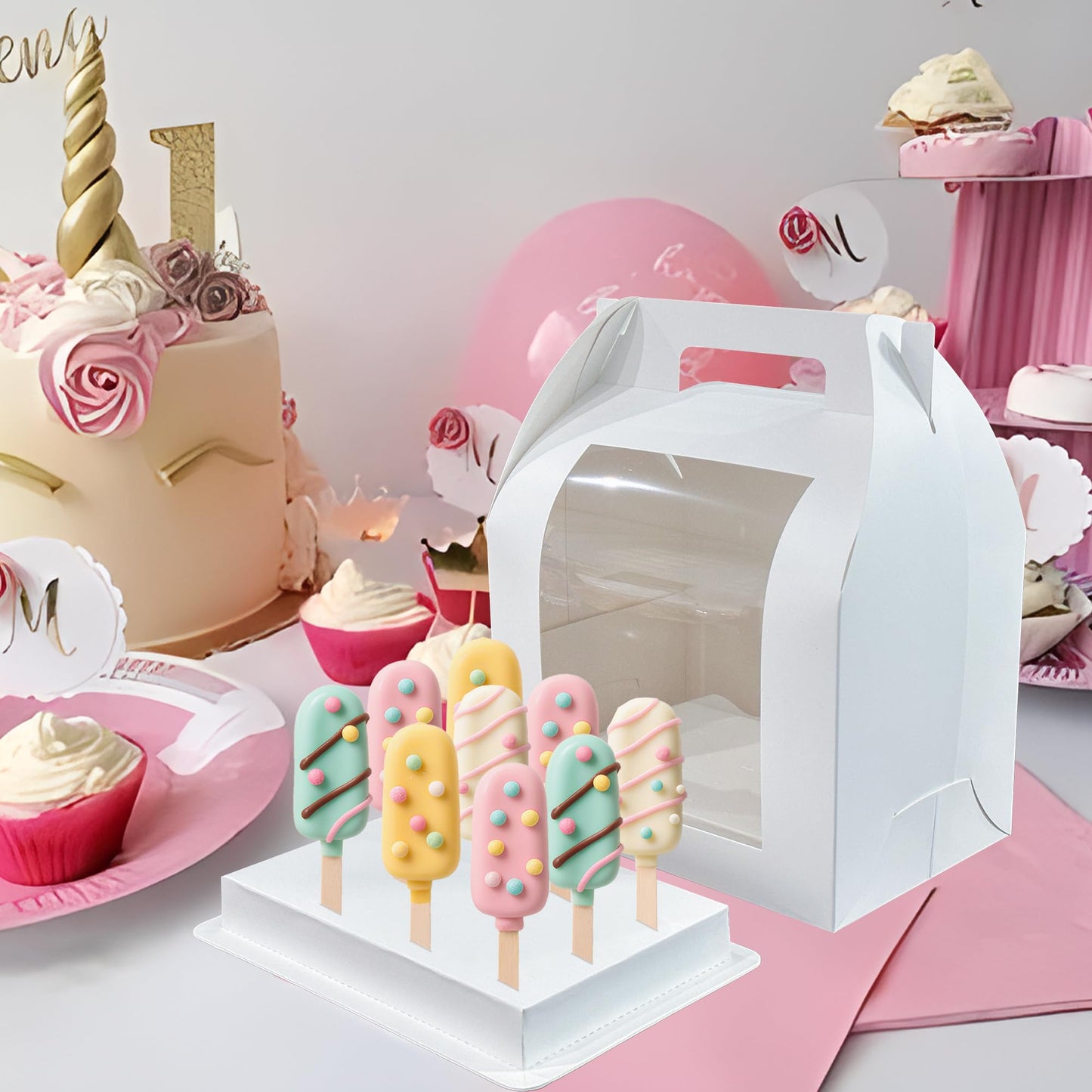 8pcs Portable Cake Pop Holder Boxes,Cake Pop Boxes Packaging, Cake Pop Display Stand with Clear Window,White Cakesicle Boxes
