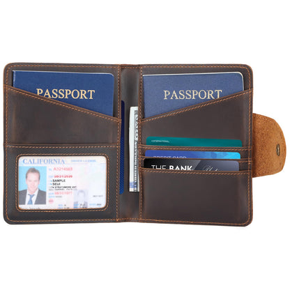 Polare Full Grain Leather Slim and Soft RFID Blocking wallet For Men Snap Bifold Travel Wallet Passport Holders 2 Passports (Dark Brown)